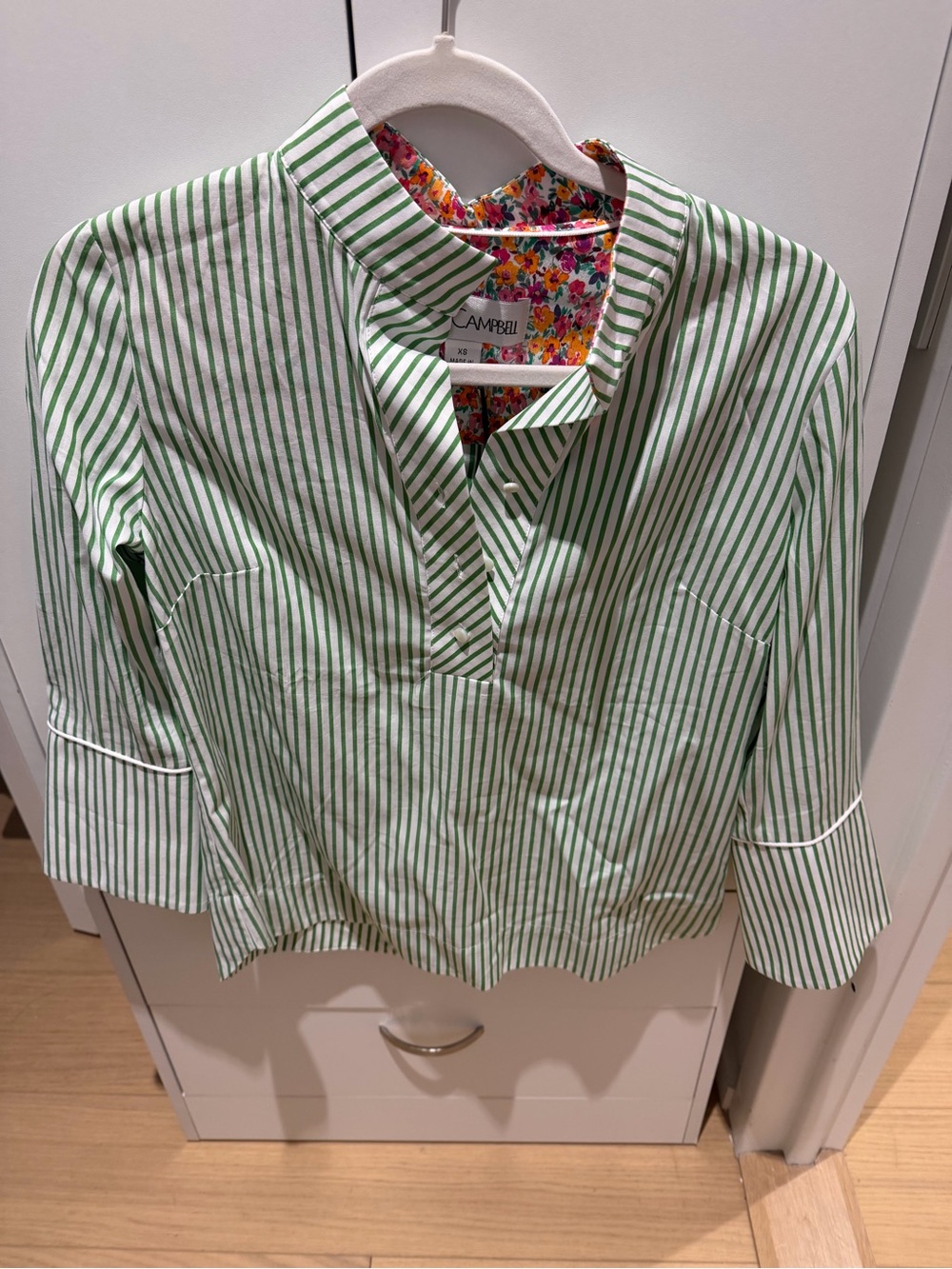 Sara Campbell Green and white top
